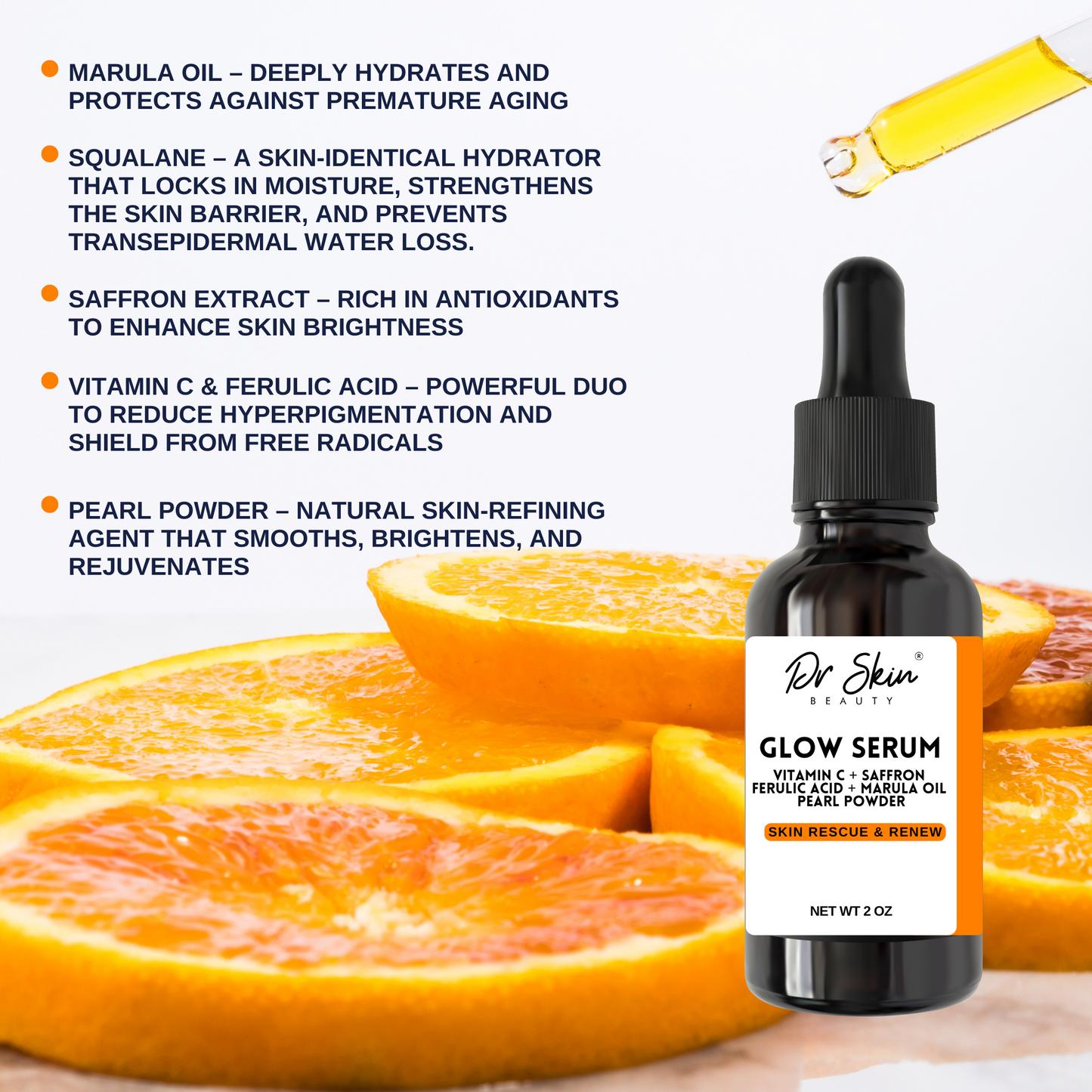 Glow Serum | Vitamin C, Saffron, Ferulic, Pearl Powder & Marula Oil for Brightening, Hydration & Anti-Aging